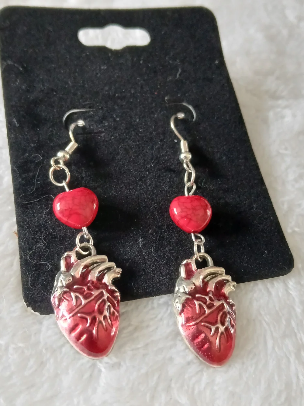 Anatomical Heart Drop Dangle Earrings Set [Silver & Red] - NWT on Card